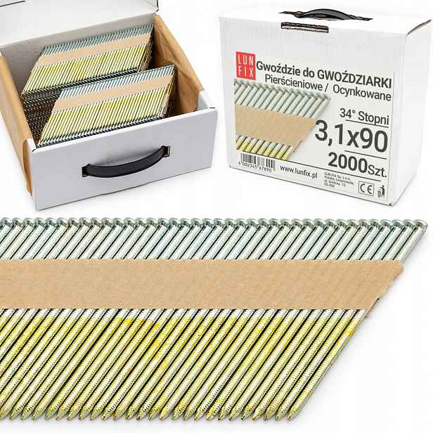 Hřebíky do hřebíkovačky 90 mm spojené papírem 3,1 x 90 pozink 34° 2000ks