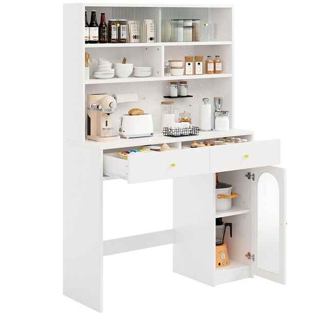 Modenvie BUFFET skříň z MDF, 120/45/180 cm bílá s pracovní plochou a háčkovou lištou