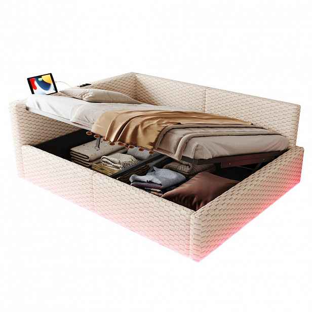 Redom ČALOUNĚNÁ postel 140/200 cm s LED osvětlením, USB-C a USB, hydraulickým úložným prostorem, Béžová