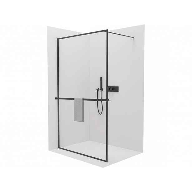 Sprchová zástěna Walk-in Moreli L/P + polička/držák na ručníky - černá matná, transparentní sklo - 130x200 cm