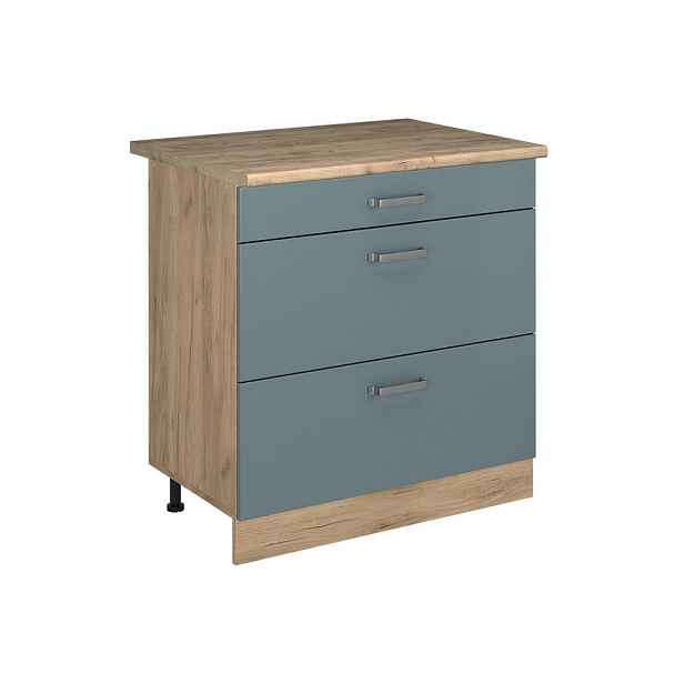 Vicco SPODNÍ SKŘÍŇKA KUCHYŇSKÉ LINKY R-Line, Modrošedá/Zlatý mocný dub, 80 cm se 3 zásuvkami pracovná doska Dub Goldkraft