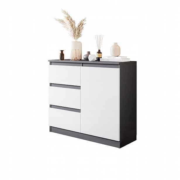 Komoda 80 CM Antracit Bílá Matná 3 Zásuvky, 1 Dvířka, 1 Police Do Obývacího Pokoje