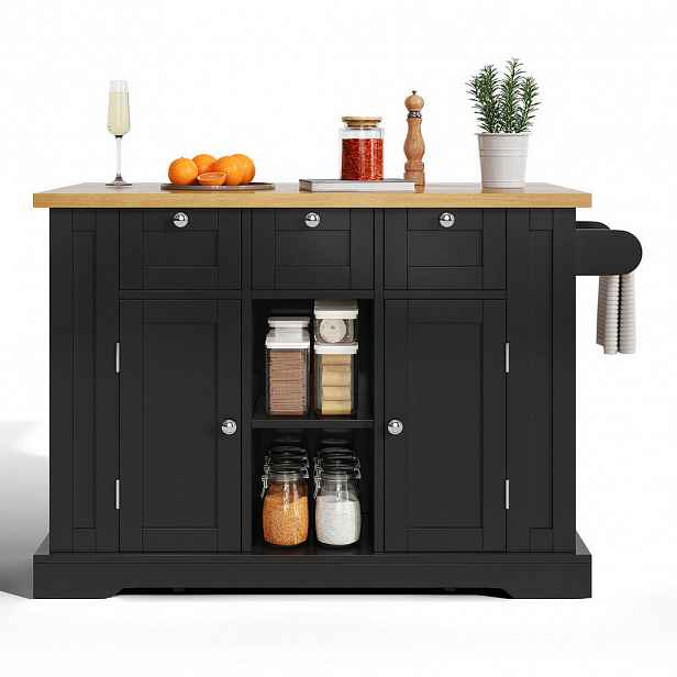 OKWISH MOBILNÍ kuchyňský ostrov 132/40(70)/87 cm přírodní černá z MDF s výsuvnou deskou a úložným prostorem