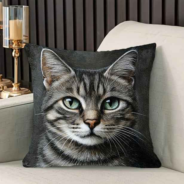 TEMU 1ks Polštářový povlak ve stylu šedé mourovaté kočky, 45,72x45,72cm, měkký polyester, pratelný v pračce, se zipem, vhodný pro domácí, obývací