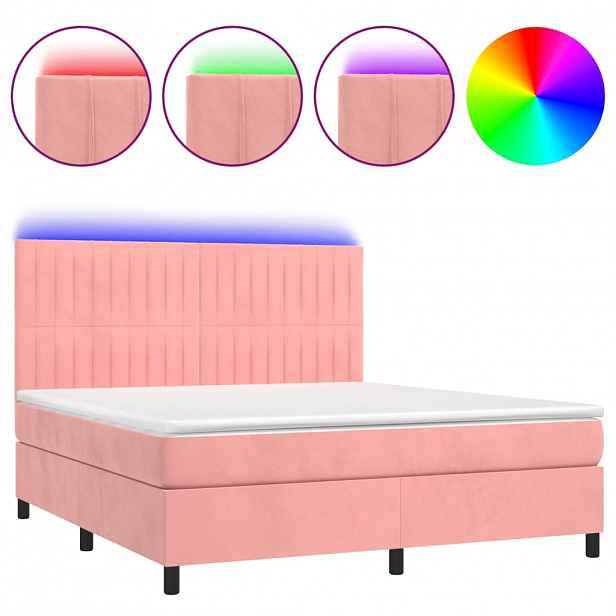vidaXL Box spring postel s matrací a LED růžová 180x200 cm samet