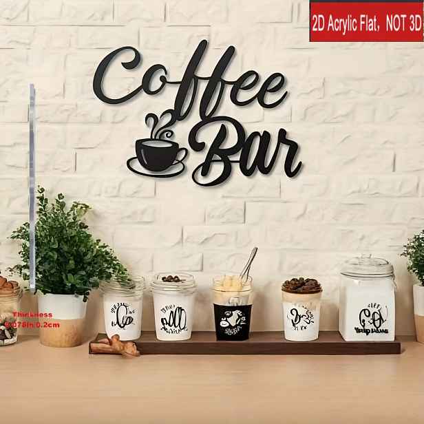 TEMU 2D plochý - [2D plochý] 2D rovná plocha Vintage Černý Akrylový Kávový Bar Nástěnná Dekorace - Ručně psaný design písmen, Vhodné pro kuchyně ve