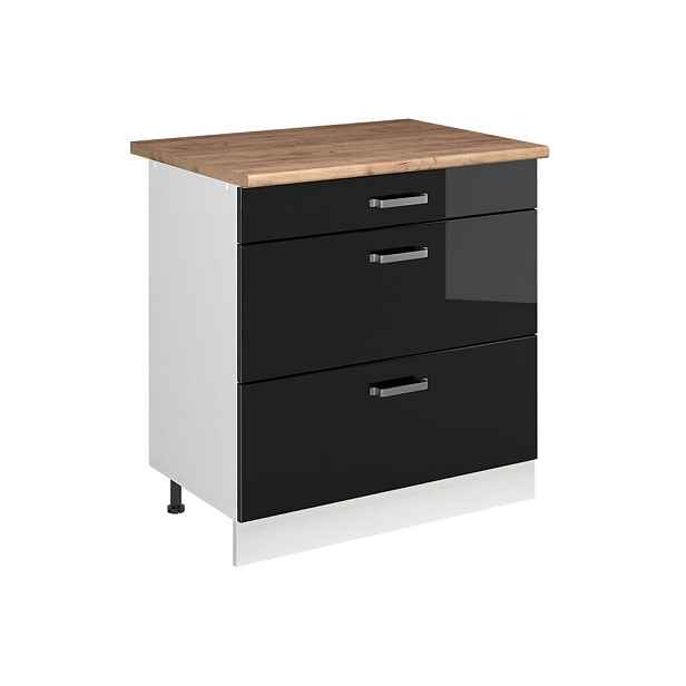 Vicco SPODNÍ SKŘÍŇKA KUCHYŇSKÉ LINKY R-Line, Černý vysoký lesk/Bílá, 80 cm se 3 zásuvkami pracovná doska Dub Goldkraft