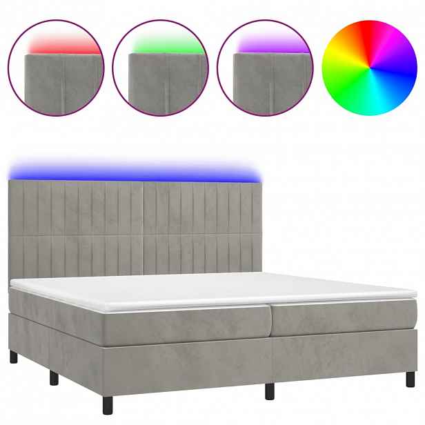 vidaXL Box spring postel s matrací a LED světle šedá 200x200 cm samet