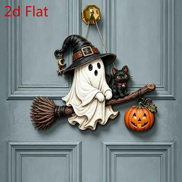 TEMU 2D plochý věšák na dveře ve tvaru dýhy s duší, Halloweenská roztomilá duše černá kočka dýně dekorace na dveře, Horor gotický styl, Není potřeba