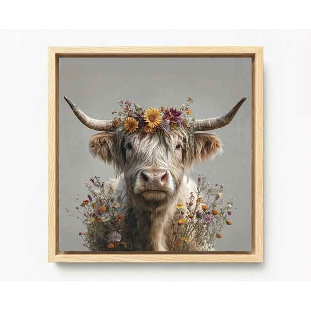 Obraz Rám American Box Portrét Fauna Kráva Skotsko Highland Květiny 60x60