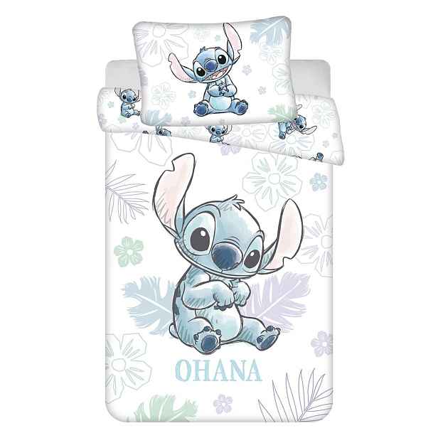 Bílé bavlněné dětské povlečení do postýlky 100x135 cm Lilo and Stitch "Ohana White" – Jerry Fabrics