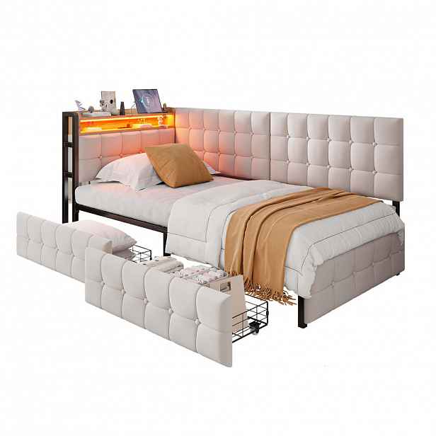 FLIEKS ČALOUNĚNÁ POSTEL, 90×200 cm, LED, USB, zásuvky, béžová