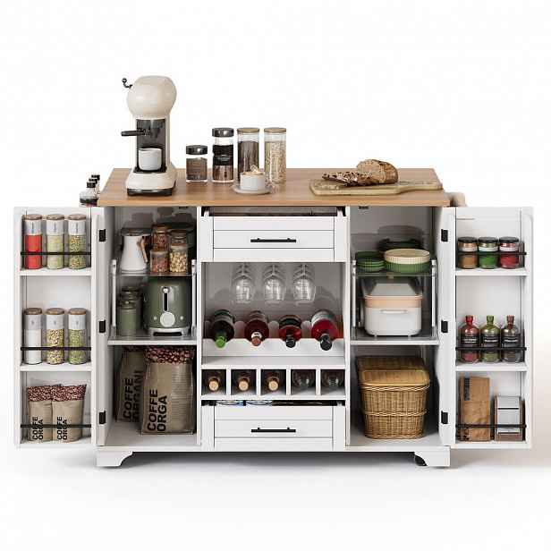 OKWISH KUCHYŇSKÝ vozík 138/45(70)/92 cm bílá/přírodní z MDF se sklápěcí deskou a policí na víno
