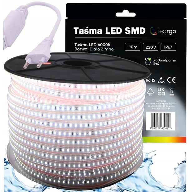 Set Led pásek Smd 220V 230V 10m 6000K Bílý Studený Napájecí Zdroj IP67 120/m