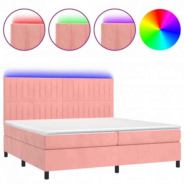 vidaXL Box spring postel s matrací a LED růžová 200x200 cm samet