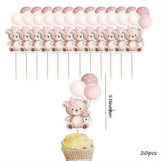 TEMU 20 ks kreslených -růžových ozdob na cupcakes s akvarelovým potiskem medvídka, ozdoby na cupcakes s medvídka pro oslavu narozenin, halloweenské a
