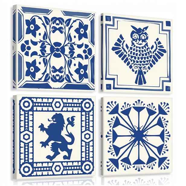 Obraz 50x50 Mozaika Modrý Bílý Vzor Ornament Sova Lev Geometrický