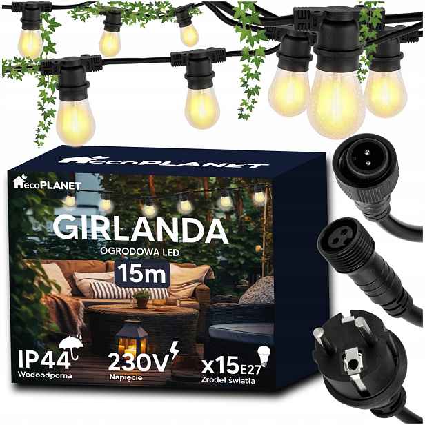 Led světelná zahradní girlanda 15 m 16xE27 Komplet s žárovkami Vodotěsná