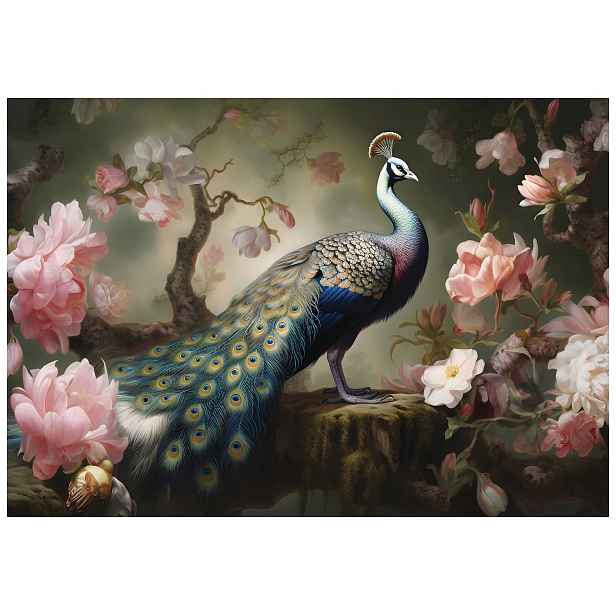 Fototapeta Pávi v květinách a růžové zahradě elegance 312x219 lepidlo