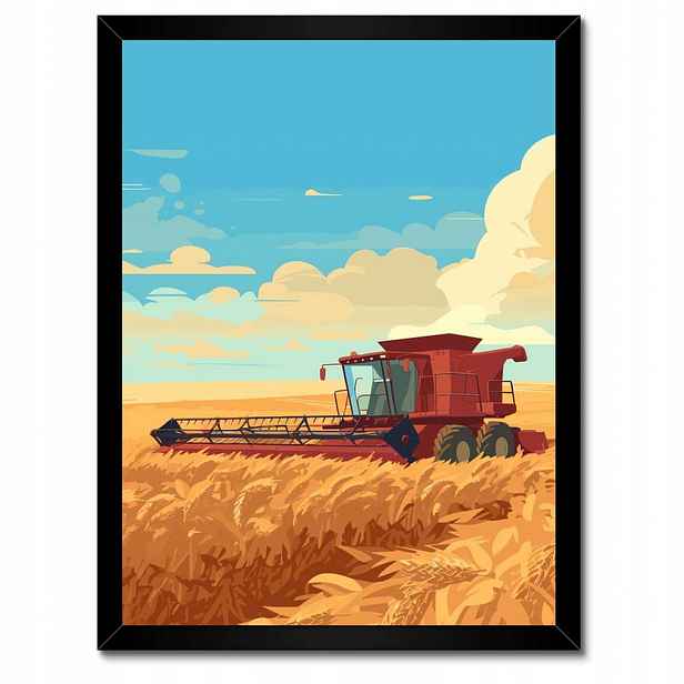 Plakáty v rámu 30x40 Červený kombajn v poli na sklizni