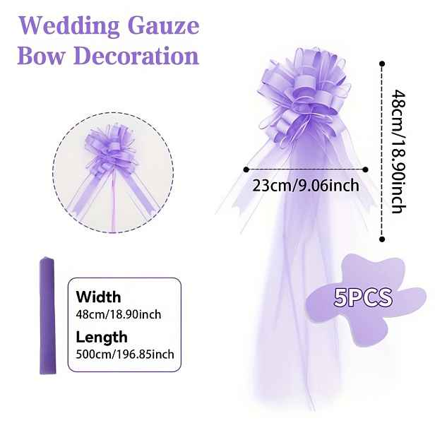 TEMU Sada 5 ks elegantních fialových mašlí a průsvitných gázových stuh - Dekorace na svatbu, Baby Shower, narozeninovou oslavu s dekorací židlí a