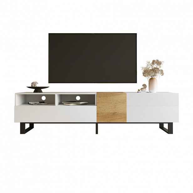OKWISH TV stolek 180/38/50 cm bílý a dekor dřeva z MDF s úložným prostorem