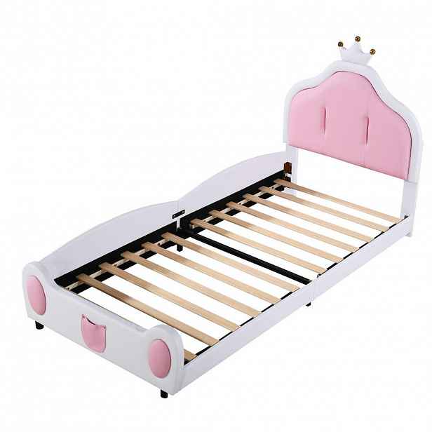 Redom ČALOUNĚNÁ postel 90/200 cm s korunovou lištou a hravým designem, Bílá/Růžová