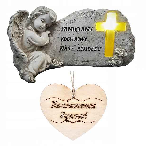 Hřbitovní Svíčka Figurka Anděl strážný na hrob Syna Osvětlený kříž