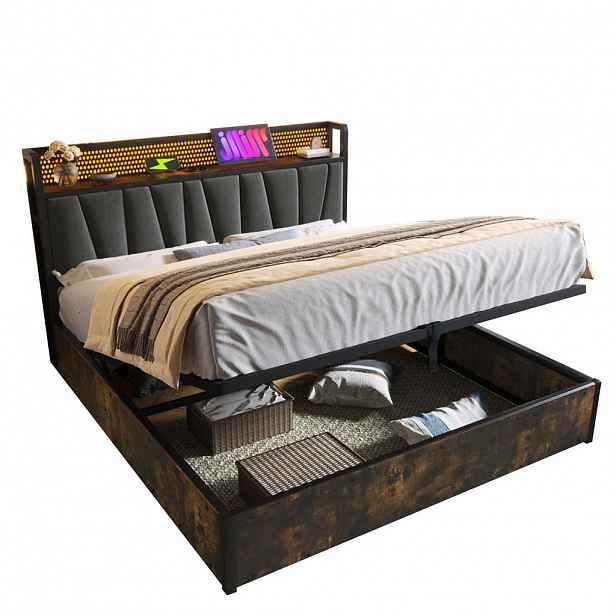 Redom ČALOUNĚNÁ postel 180/200 cm s LED osvětlením, USB porty a zásuvkami, úložným prostorem, Šedá