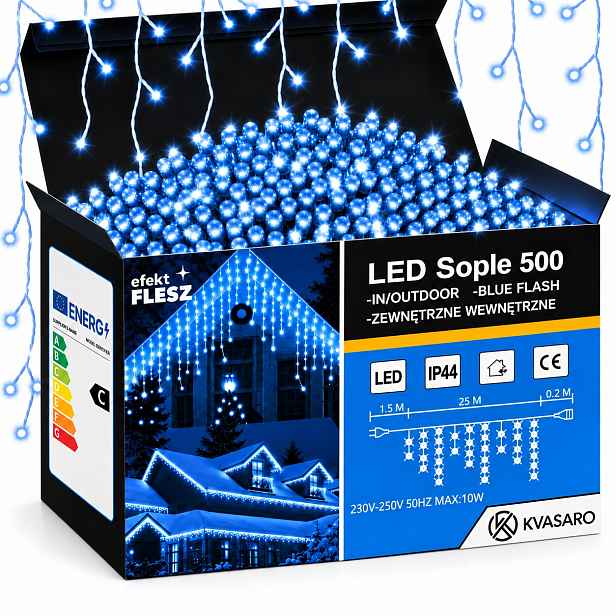 Rampouchy 500 Led Záclona Venkovní Osvětlení IP44 Modrá Studený Flash 25 M