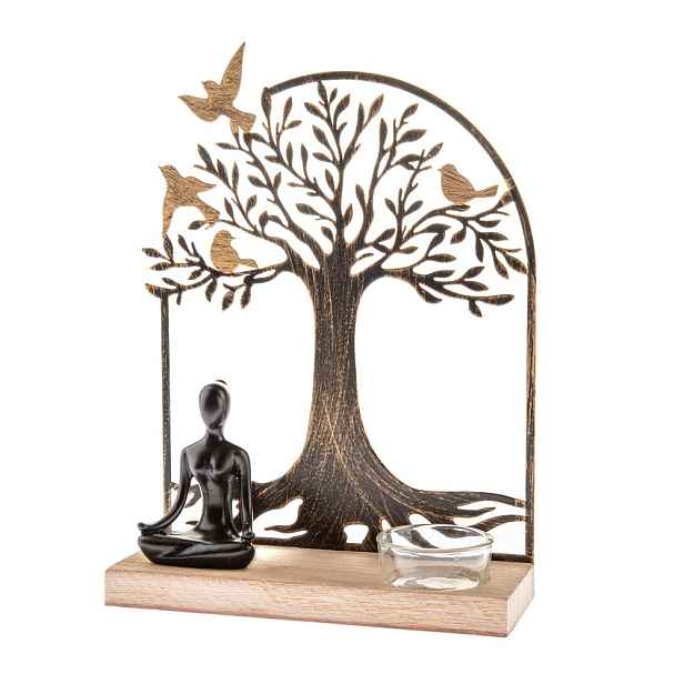 Kovový svícen na čajovou svíčku s dřevěným podstavcem Buddha, 17 x 23,5 x 6 cm