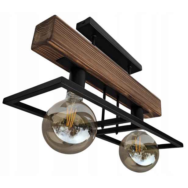 Lampa lustr dřevěná, silný trám 7CM 2xE27 Loft Černý kov