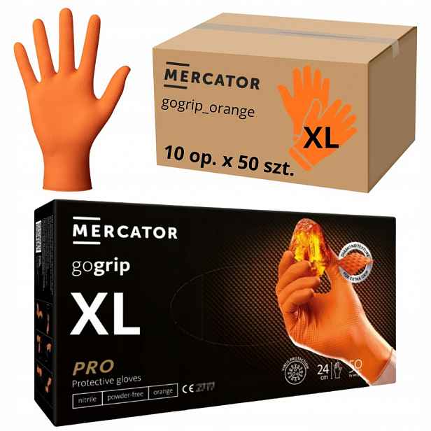 Rukavice Mercator Gogrip Nitrilové silné Oranžové 50 Ks r.XL x 10ks