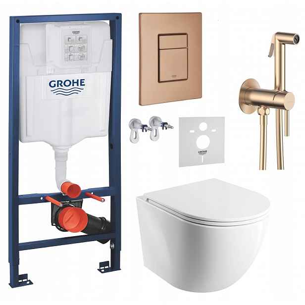 Podomítkový Wc set Grohe s mísou Mwbp a tlačítkem měď, baterie měď