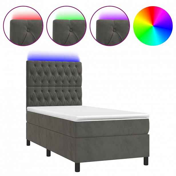 vidaXL Box spring postel s matrací a LED tmavě šedá 90x190 cm samet