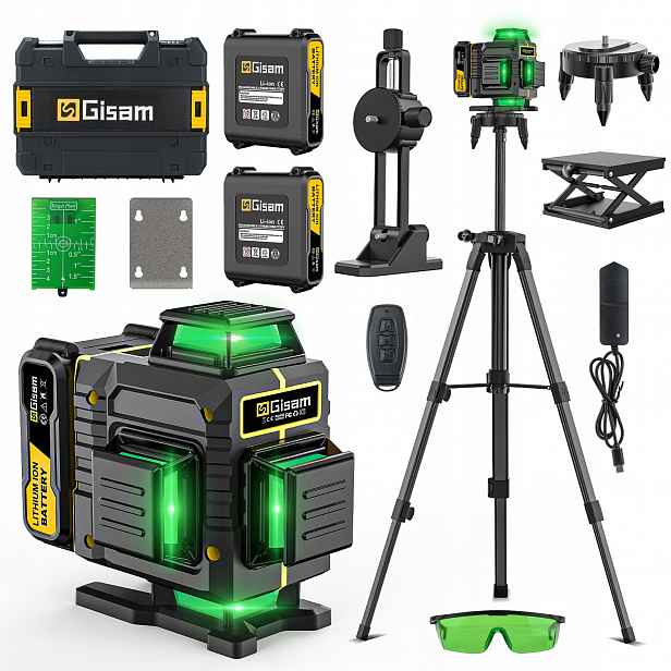 4D laserová vodováha 16 linií zelený laser 360° 2x baterie stativ dálkové ovládání