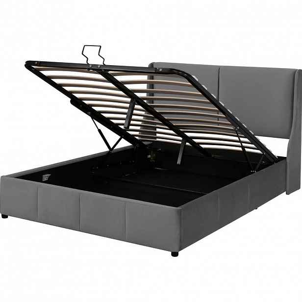 Redom ČALOUNĚNÁ postel 140/190 cm s hydraulickým úložným prostorem, sametový potah a design opěrky ve tvaru uší, Šedá