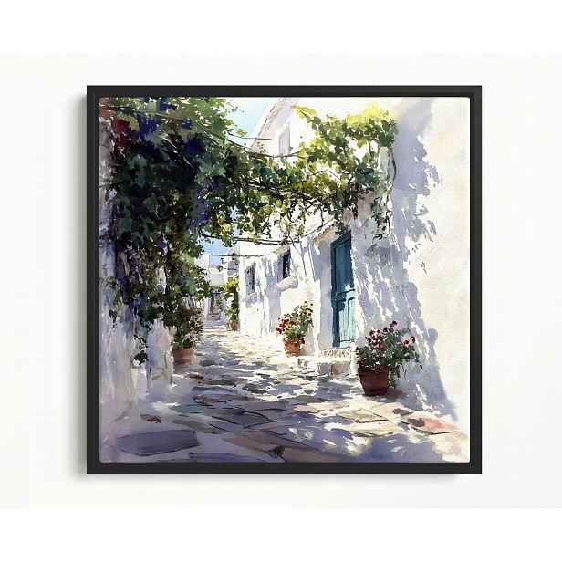 Obraz Rám Americký Box Řecko Bílé Domky Květiny Pergola Santorini 60x60