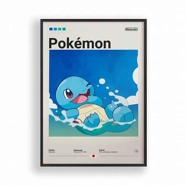 Obraz Pokémon Squirtle Retro Plakát Rámeček Dřevěný Černý 30x42 cm