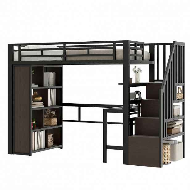 Redom VYSOKÁ postel 90/200 cm s psacím stolem, LED osvětlením a úložnými stupni, Kov, Černá