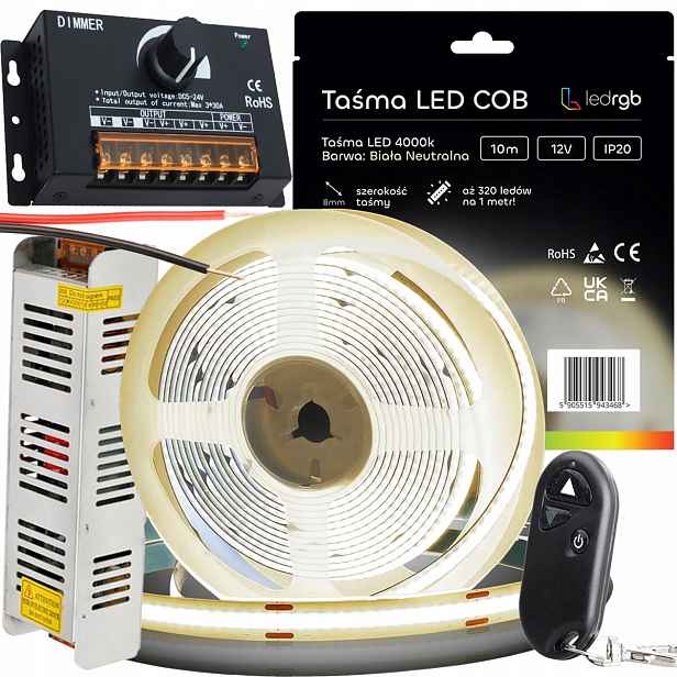 Sada Led pásků Neon Cob 12V 10 m 4000K Bílá Neutrální Napájecí Zdroj Knoflík