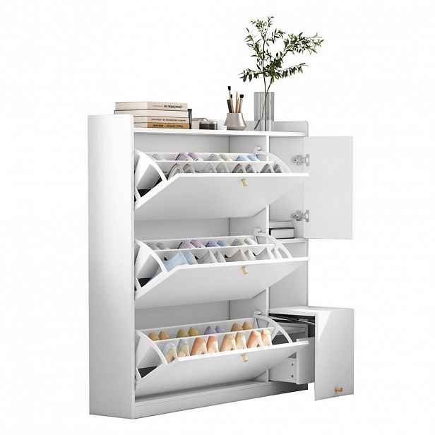 OKWISH BOTNÍK 119/24/122 cm bílý z dřevotřísky s výklopnými zásuvkami a sedací lavicí
