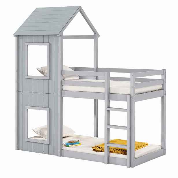 STILVORA DĚTSKÁ POSTEL 90/200 cm, šedá, z borovice, design domku na stromě