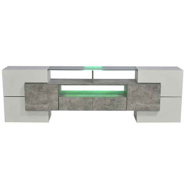 Modenvie NÍZKÁ komoda z MDF a dřevotřísky, 200/35/60 cm, bílá ve vysokém lesku a betonová šedá s LED