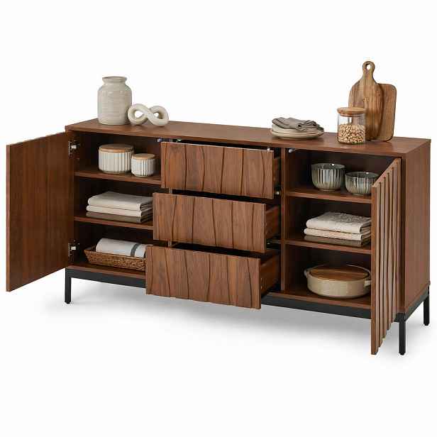 STILVORA KUCHYŇSKÁ SKŘÍŇ přírodní/černá v retro stylu Mid-Century, 3 zásuvky, velký úložný prostor, 150×40×80 cm