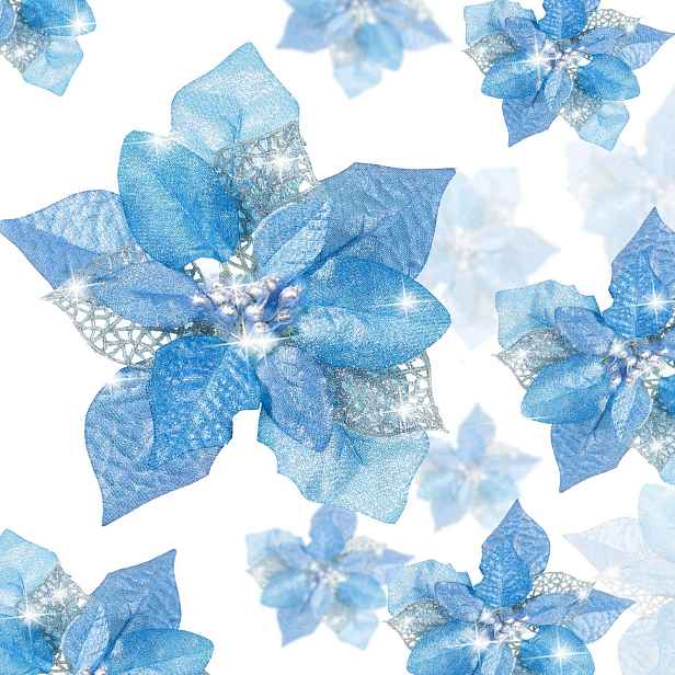 Květy Poinsettie Modré Brokátové Na Vánoční Stromeček 24 Ks, Svátky