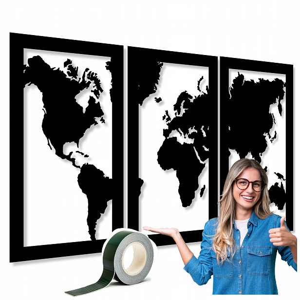 Mapa Světa Na Zeď Dřevěná Ze Dřeva 135 cm XL Obraz Ažurový Triptych 3D