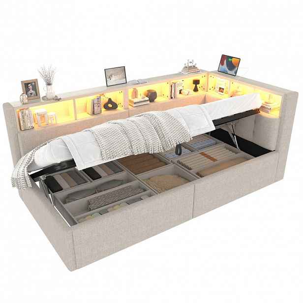 Redom POSTEL 90/200 cm s LED osvětlením, USB a USB-C porty, hydraulickým úložným prostorem a bočními přihrádkami, Béžová