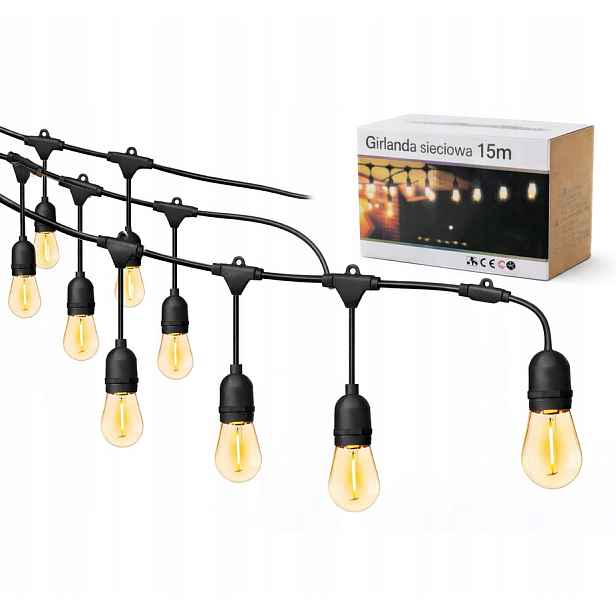 Venkovní síťová zahradní girlanda na zahradu kabel 15 m 15xE27 Led