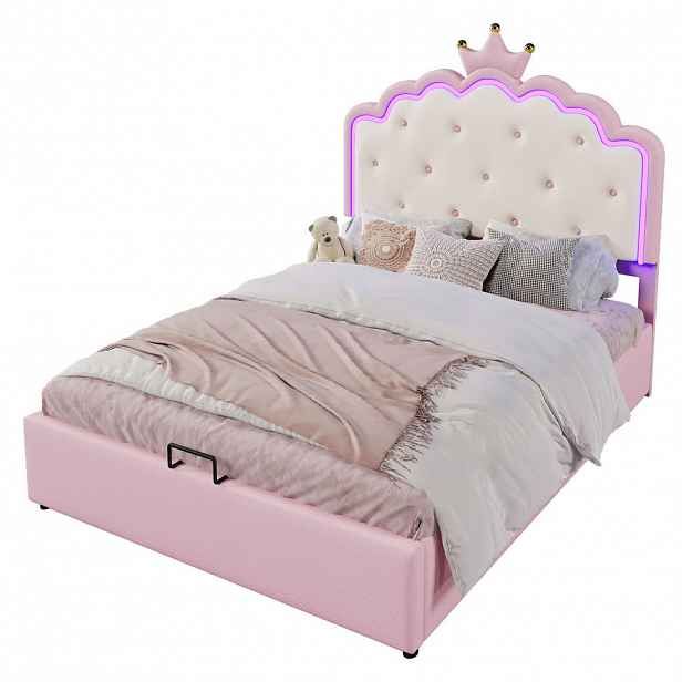 WISHDOR ČALOUNĚNÁ POSTEL 140 × 200 cm v růžové barvě s úložným prostorem a LED osvětlením